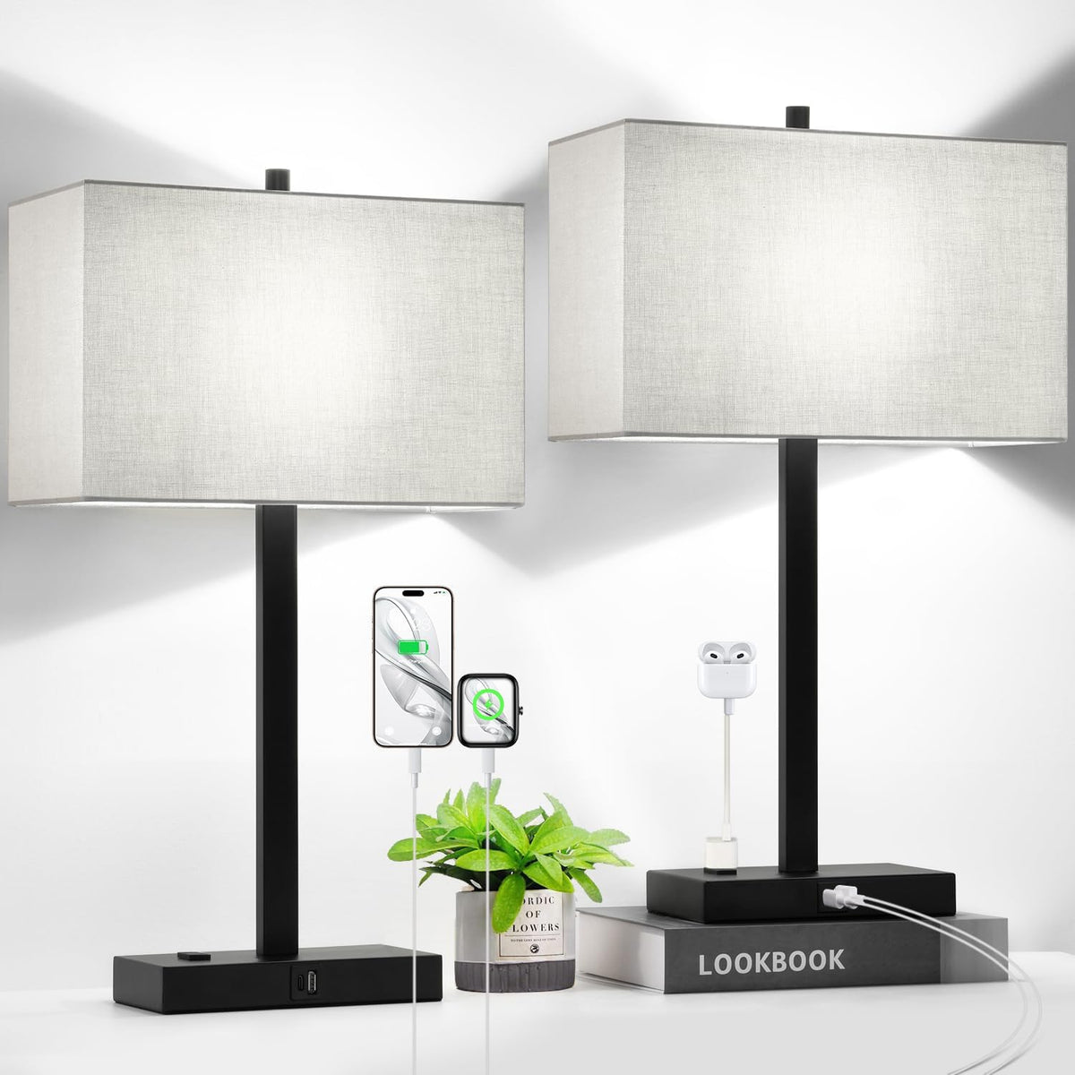 21" Touch Bedside lamps with 2 USB & AC Outlets, 3-Way Dimmable Bedside Table Lamps Set of 2 for Bedroom Living Room Office Reading, Gray Shade Lamps for Night Stands, 5000K LED Bulbs Included