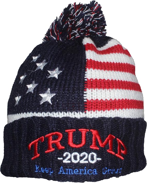 ERGOX Adult US Flag Embroidered Trump 2020 Keep America Great Beanie - Navy/White