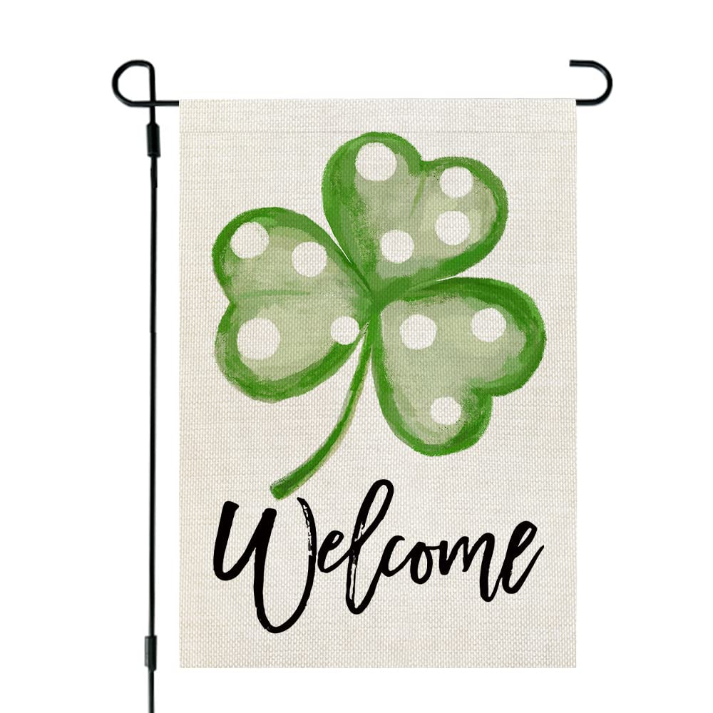 ERGOX BEAUTY St Patricks Day Shamrock Garden Flag 12x18 Inch Double Sided for Outside Polka Dots Small Burlap Green Welcome Yard Holiday Flag