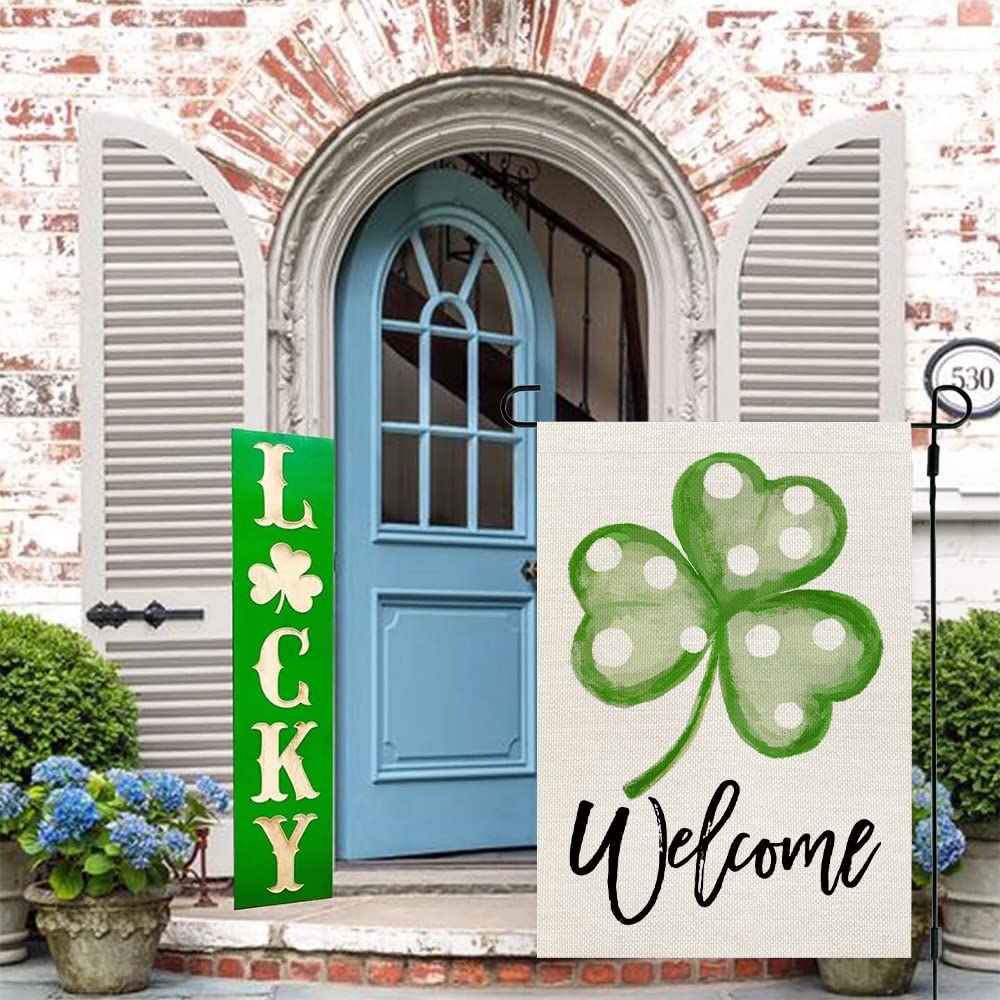 ERGOX BEAUTY St Patricks Day Shamrock Garden Flag 12x18 Inch Double Sided for Outside Polka Dots Small Burlap Green Welcome Yard Holiday Flag