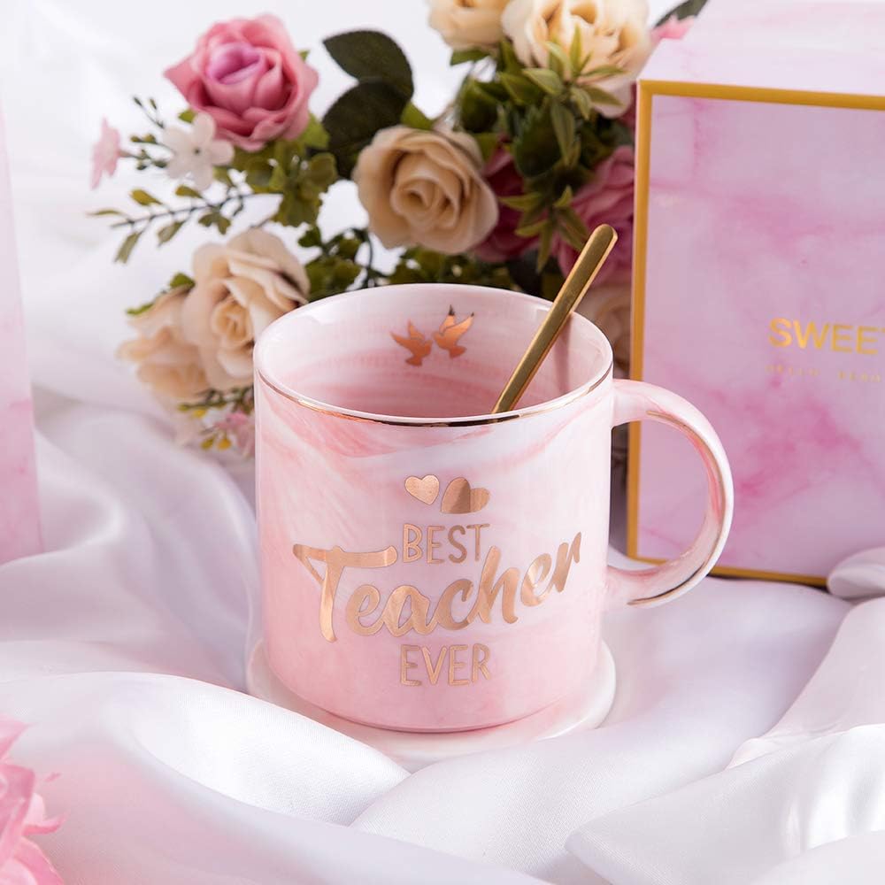 ERGOX Best Teacher Ever Pink Marble Ceramic Coffee Mug (11.5oz) and Coasters Set - Teacher Gifts - Teacher Appreciation Gifts - Gifts for Teacher - Birthday Gifts Ideas for Teacher