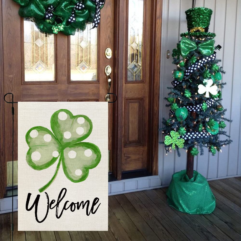 ERGOX BEAUTY St Patricks Day Shamrock Garden Flag 12x18 Inch Double Sided for Outside Polka Dots Small Burlap Green Welcome Yard Holiday Flag