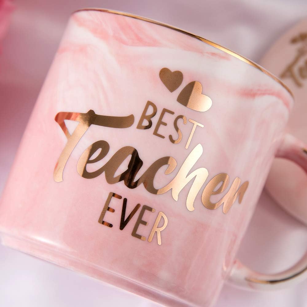 ERGOX Best Teacher Ever Pink Marble Ceramic Coffee Mug (11.5oz) and Coasters Set - Teacher Gifts - Teacher Appreciation Gifts - Gifts for Teacher - Birthday Gifts Ideas for Teacher