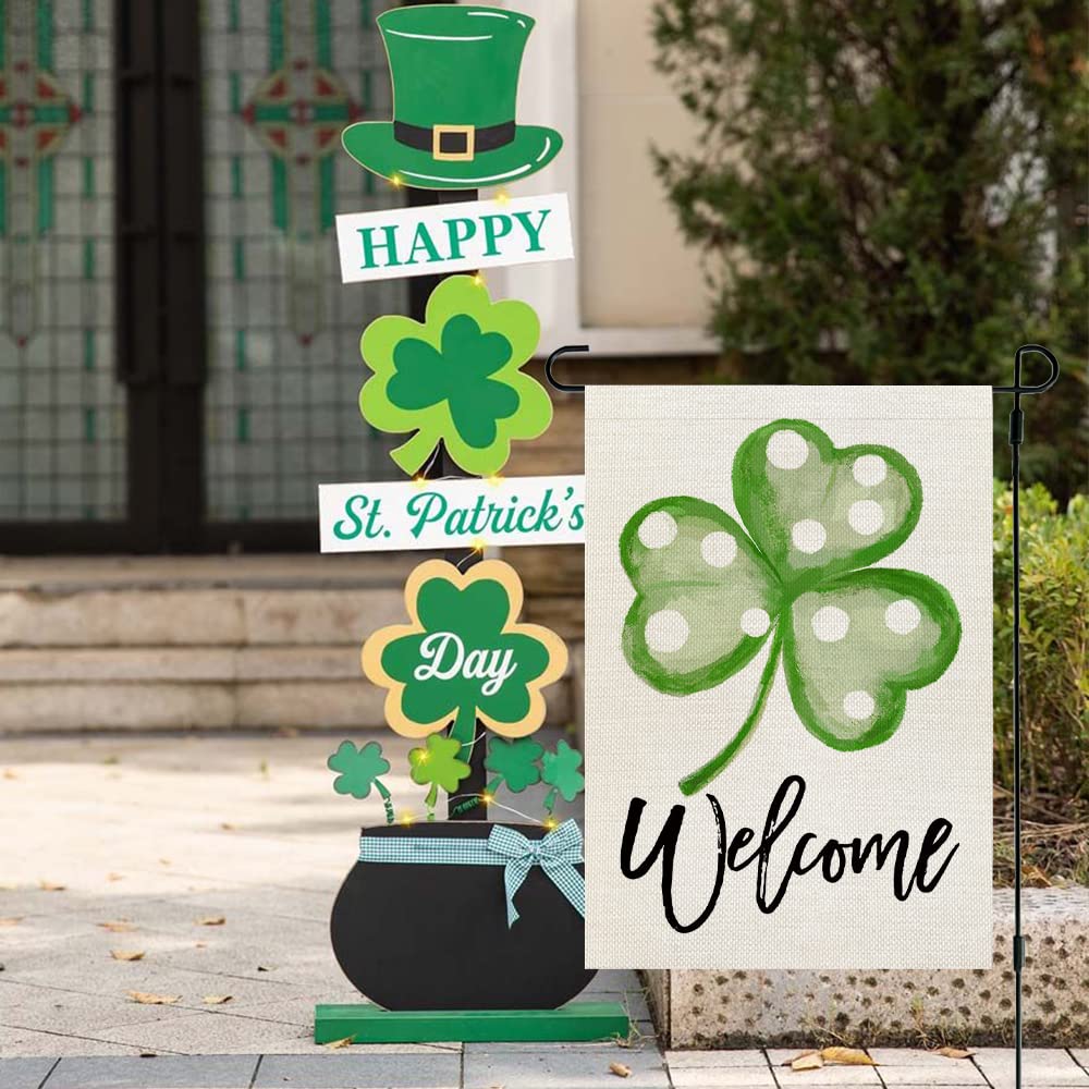 ERGOX BEAUTY St Patricks Day Shamrock Garden Flag 12x18 Inch Double Sided for Outside Polka Dots Small Burlap Green Welcome Yard Holiday Flag
